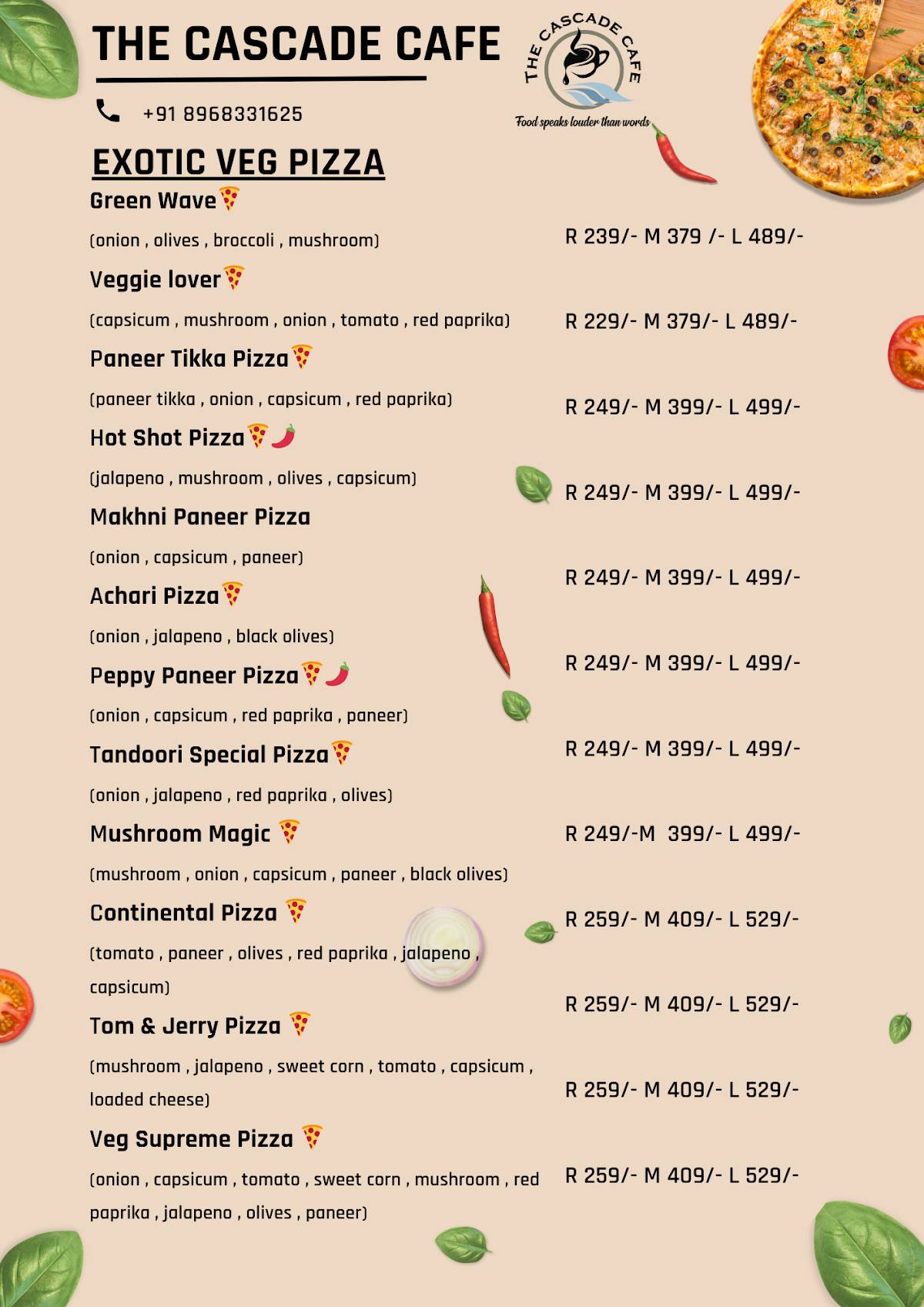 The Cascade Cafe menu