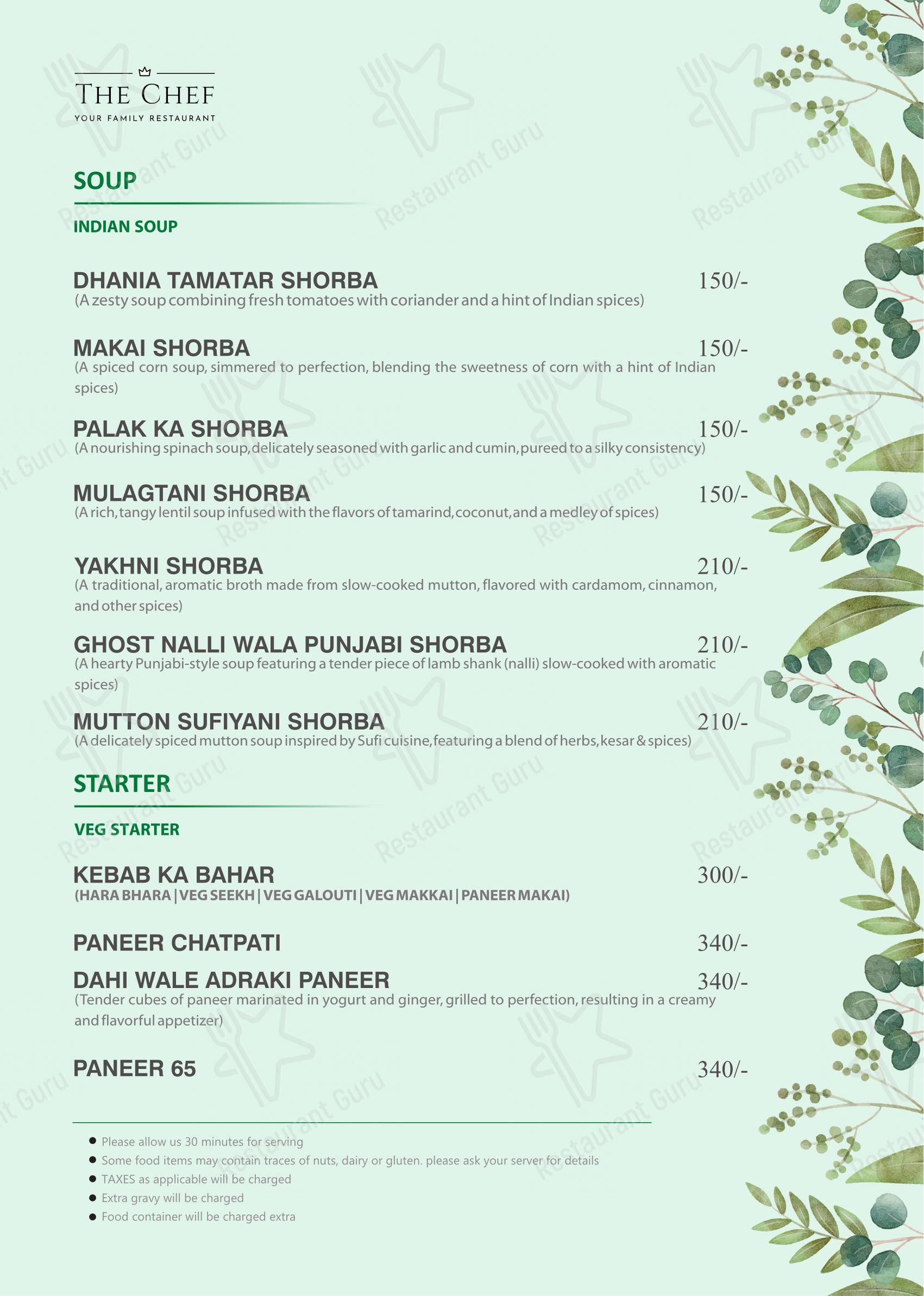 Menu for the The Chef restaurant