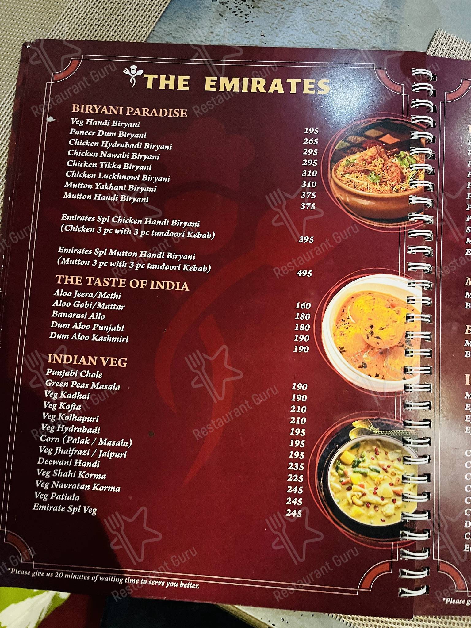 Menu for the The Emirates Restaurant restaurant