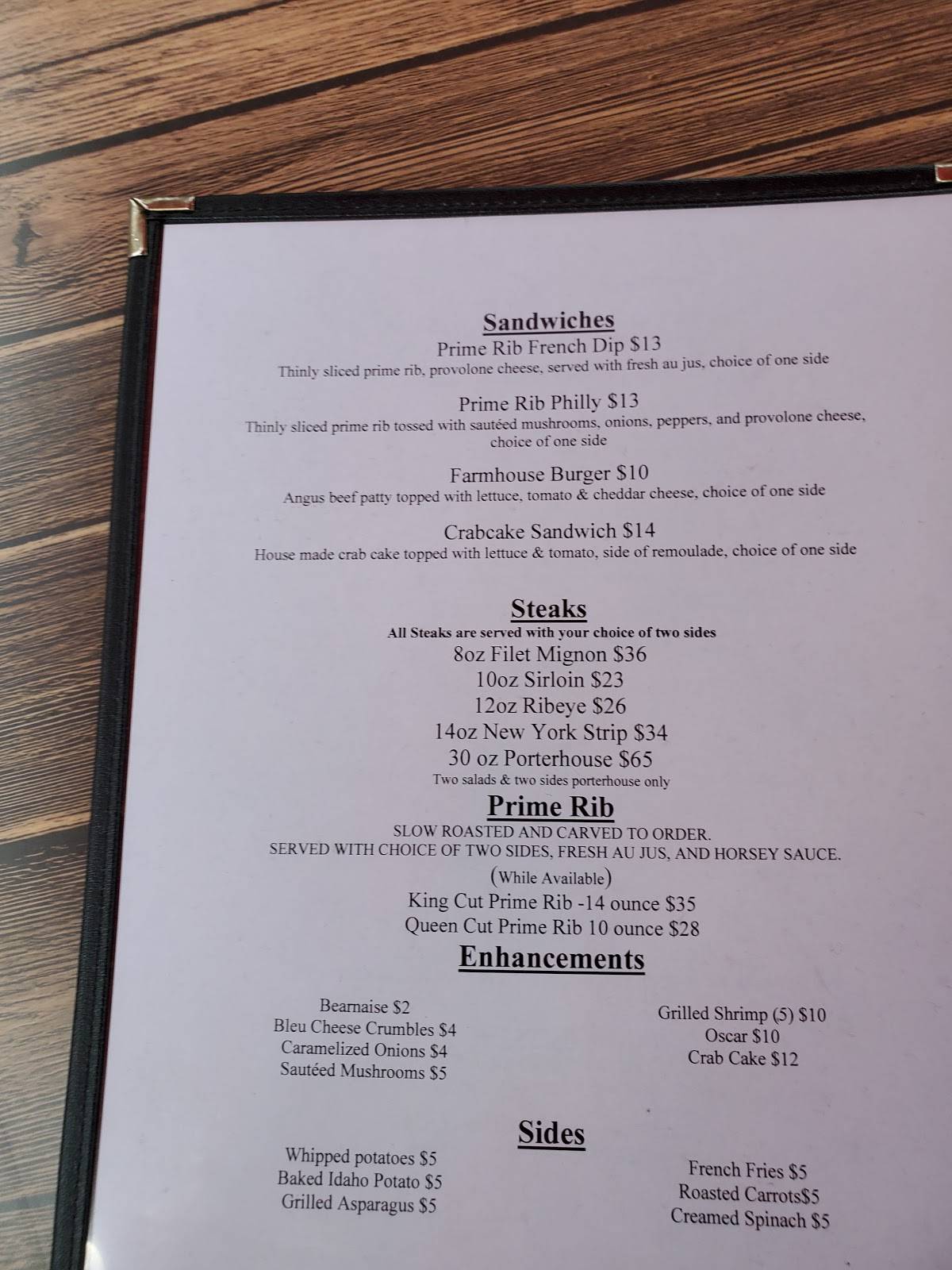 Menu at The Farmhouse steakhouse, Christiansburg