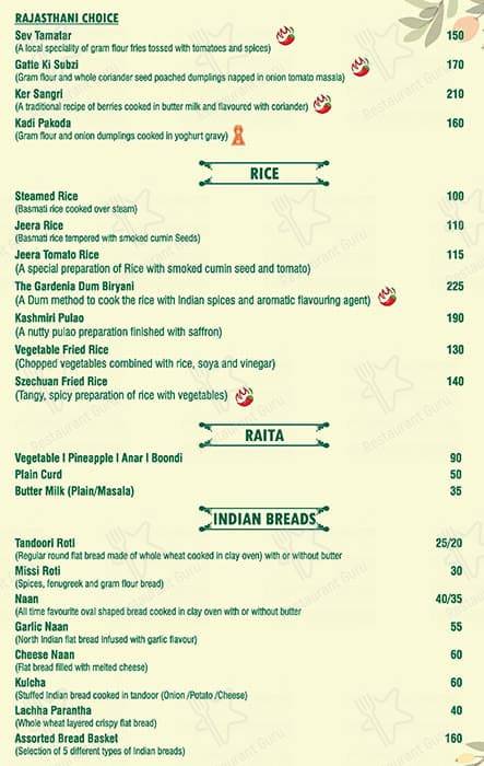 The Gardenia Restaurant menu