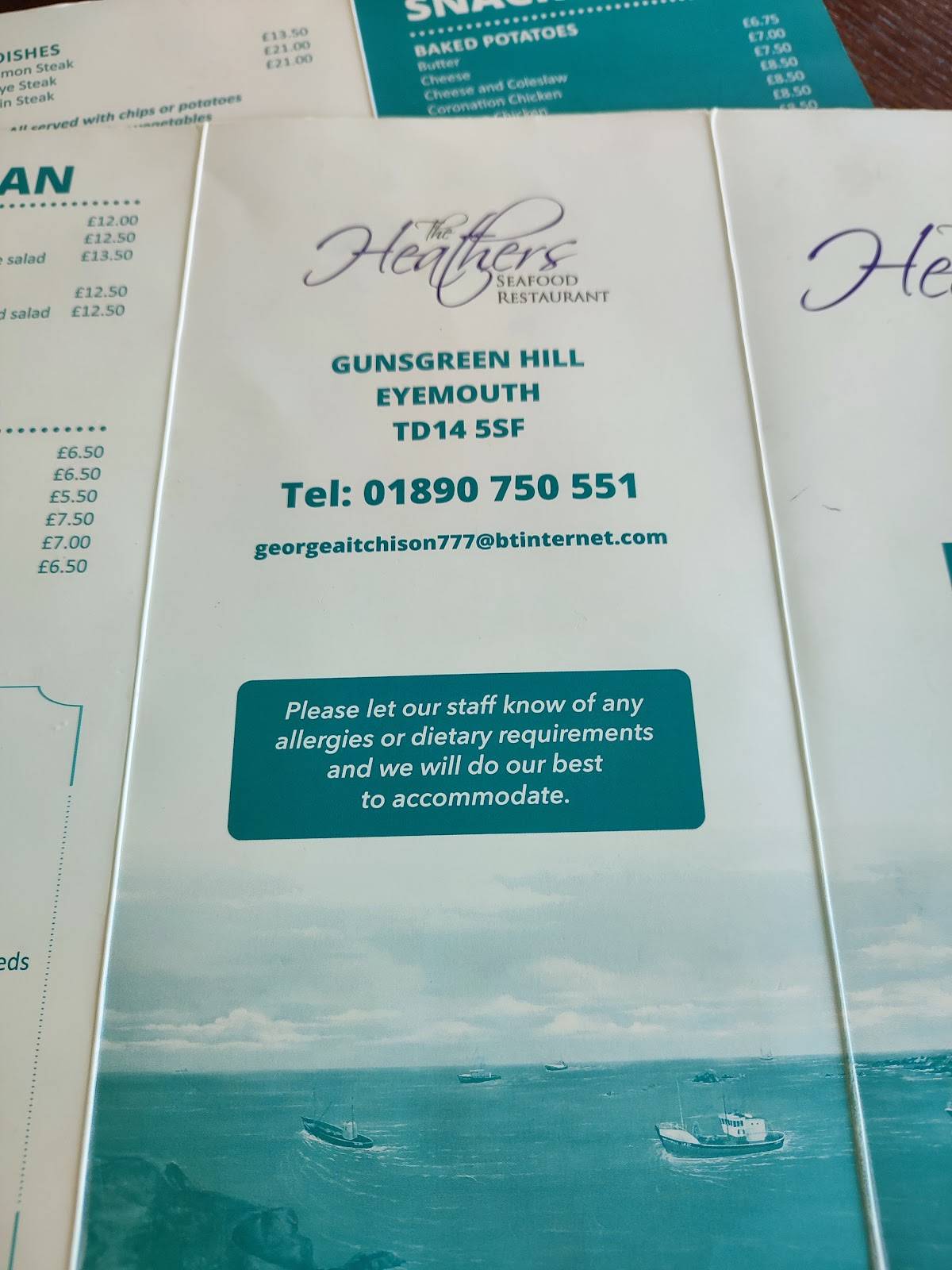 Menu at The Heathers Restaurant, Eyemouth