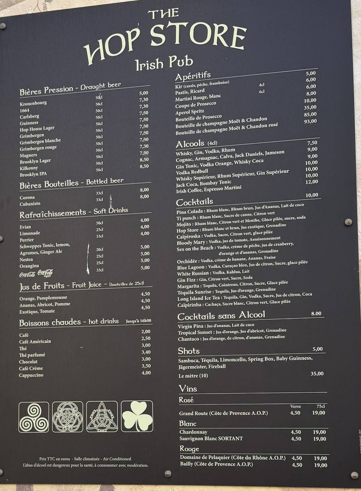 Menu de The Hop Store