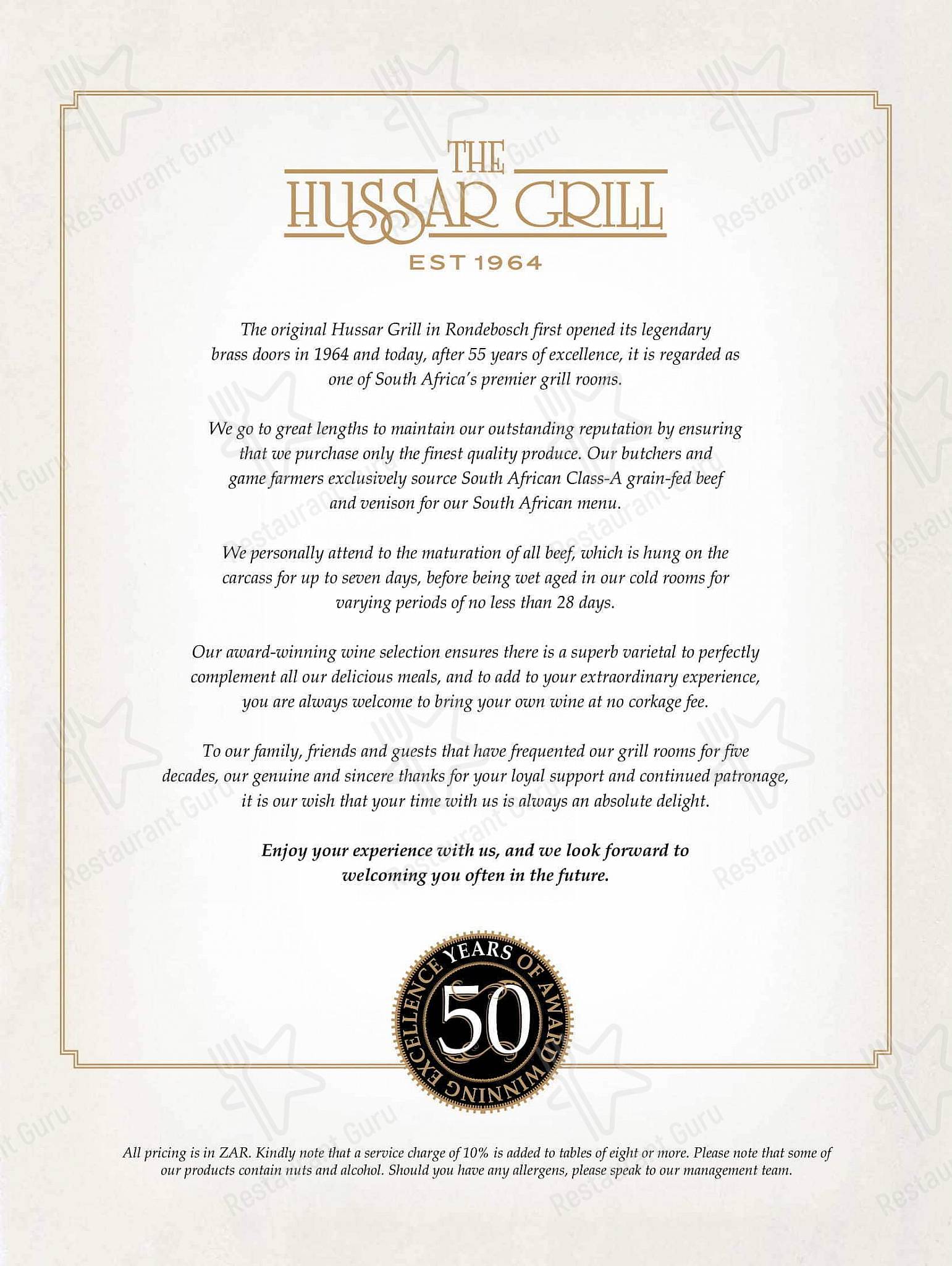 Menu at The Hussar Grill GrandWest restaurant, Cape Town, Shop 43