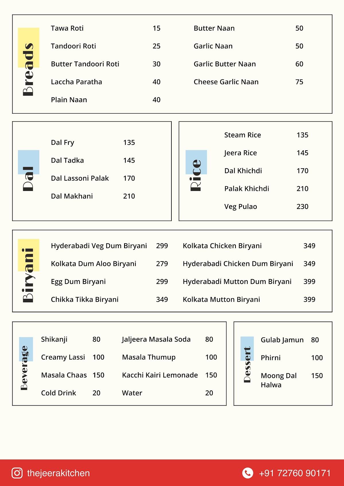 The Jeera Kitchen menu