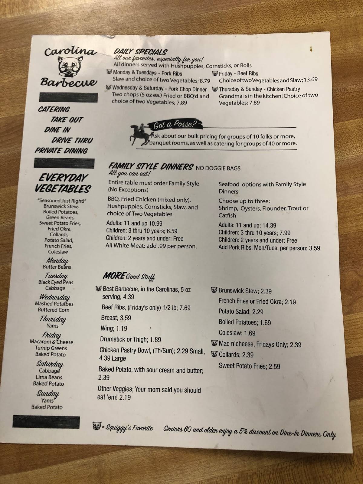 Menu at The Original Carolina Barbecue, Garner