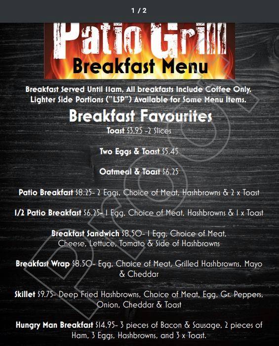 Menu at The Patio Grill restaurant, Grunthal
