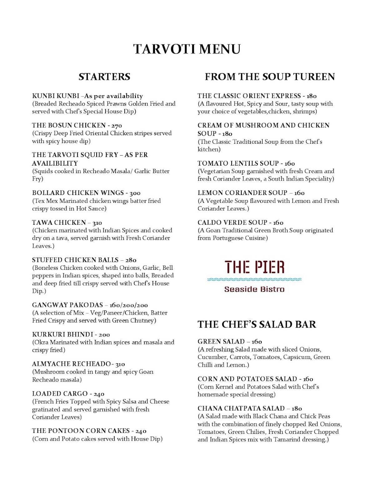 Menu at The Pier Seaside Bistro, Mormugao
