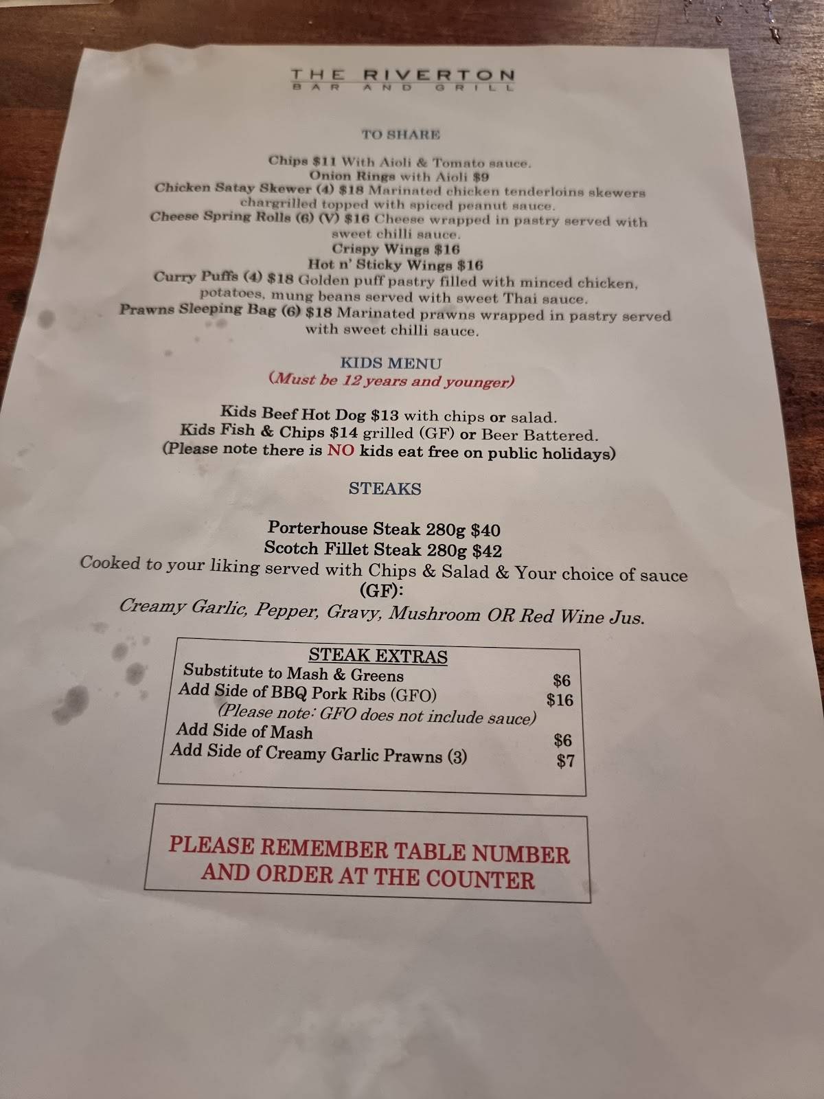 Menu at The Riverton Bar and Grill, Riverton