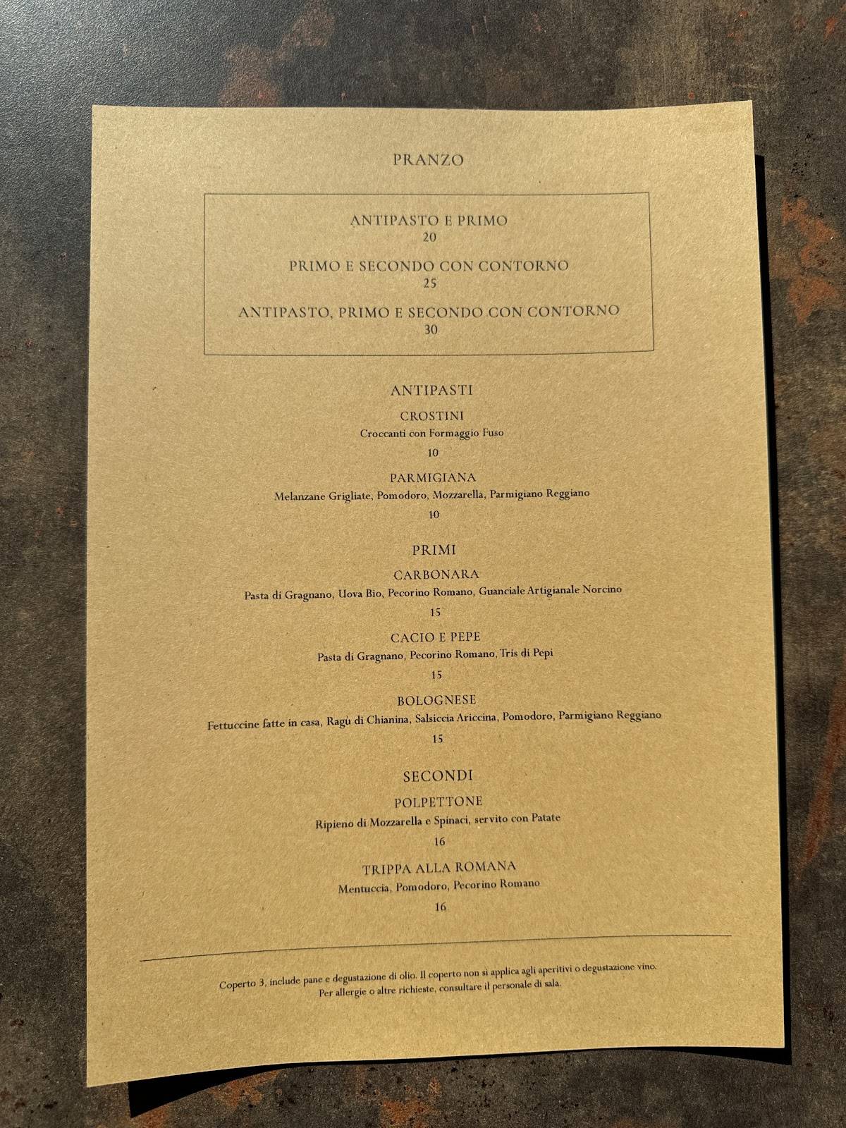 Menu di The Roman Table 