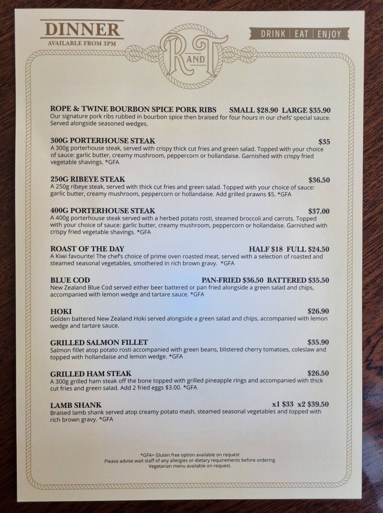 Menu at The Rope and Twine pub & bar, Dunedin