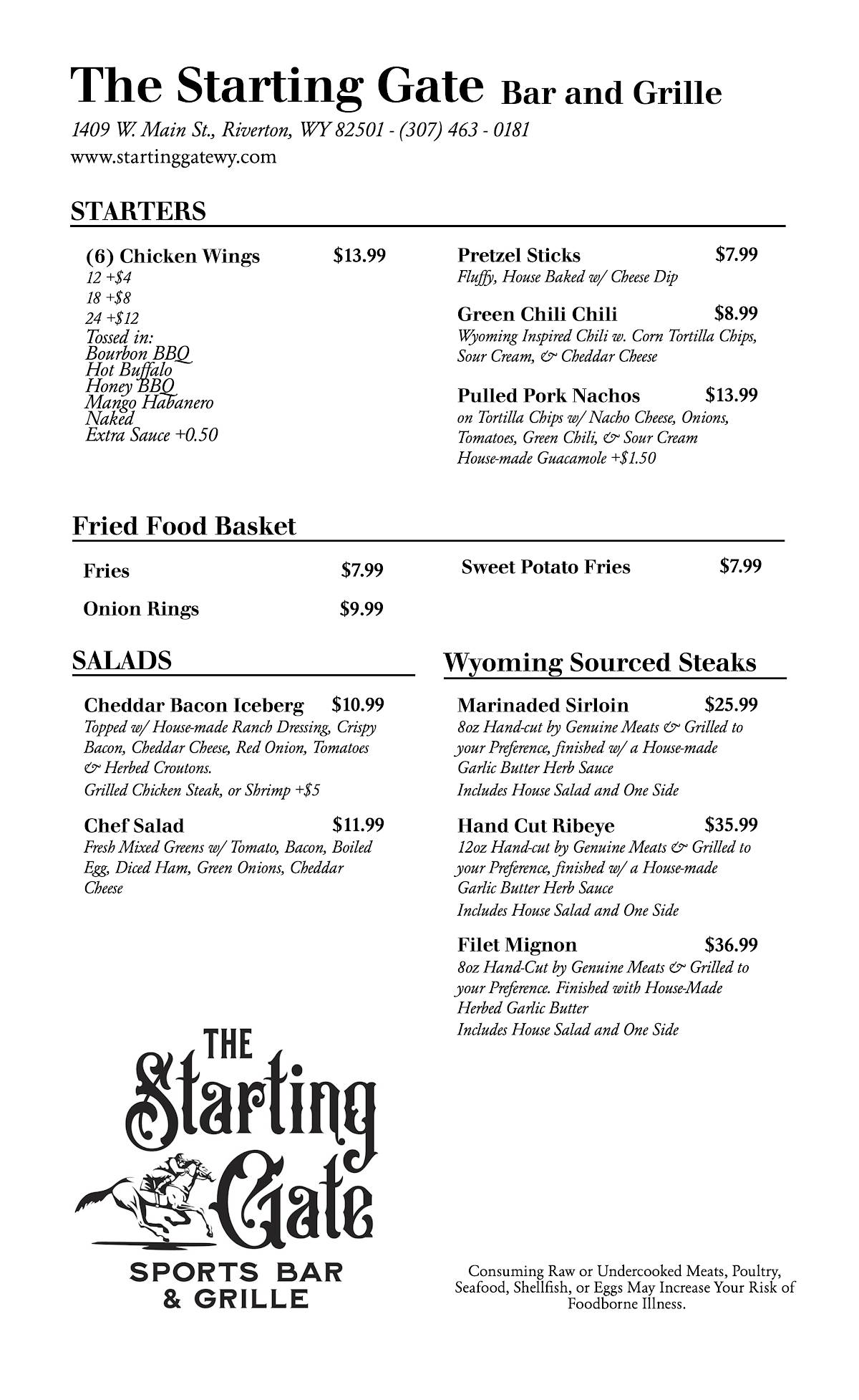 Menu at The Starting Gate Sports Bar, Riverton