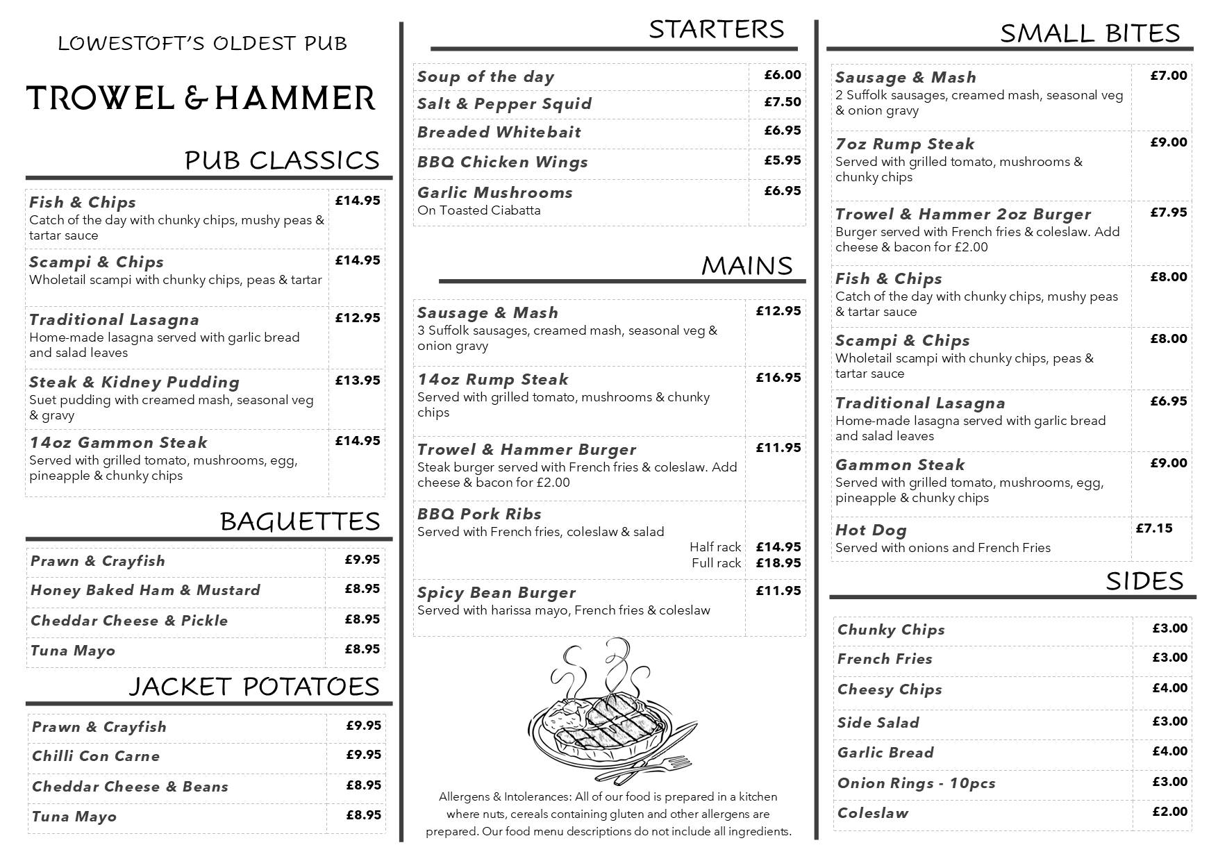 Menu at The Trowel & Hammer pub & bar, Lowestoft