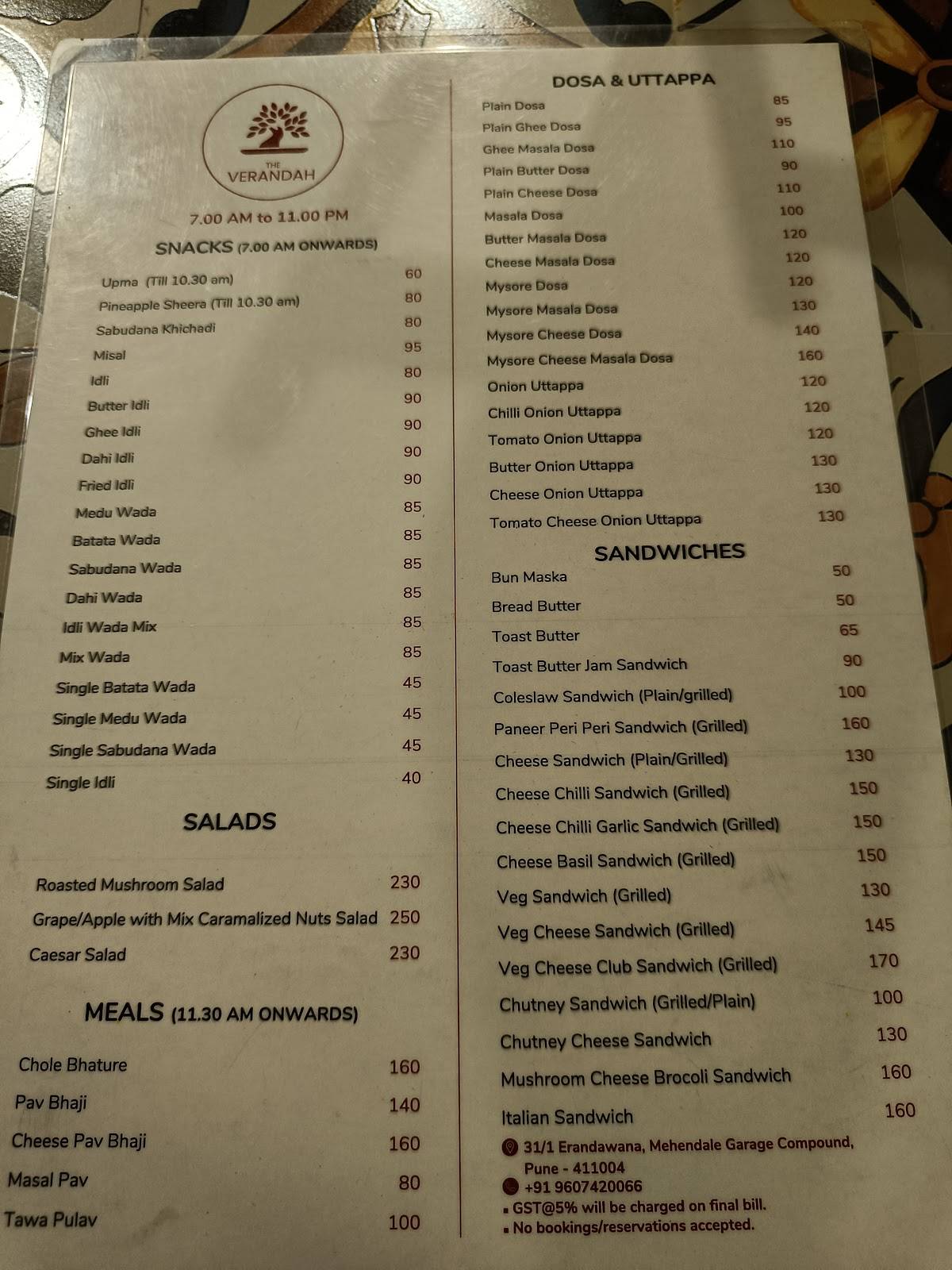 Menu at Verandah, Pune