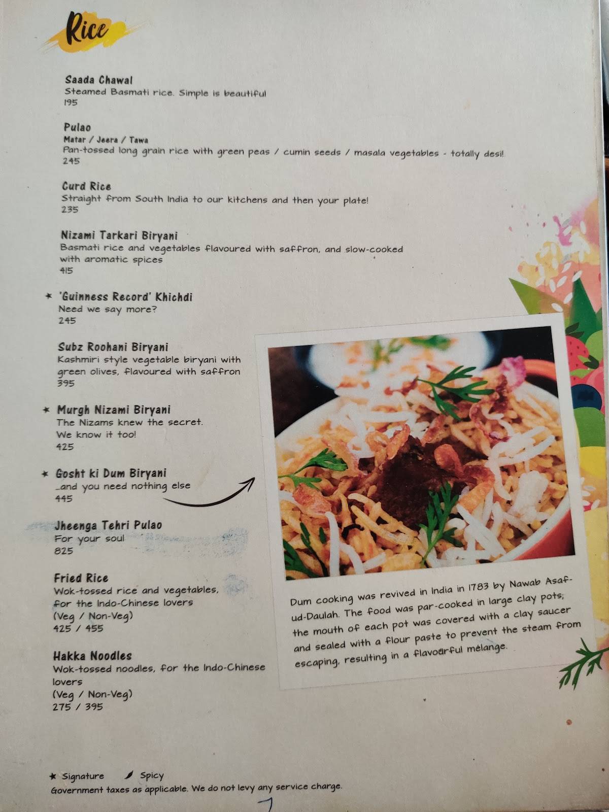 The Yellow Chili menu