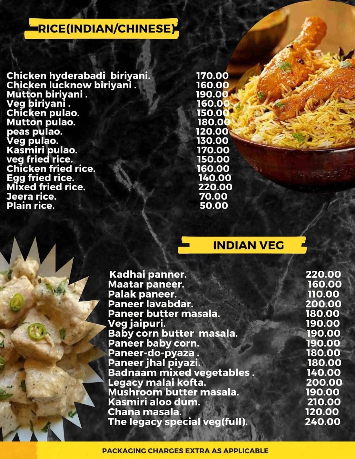 The legacy lounge menu