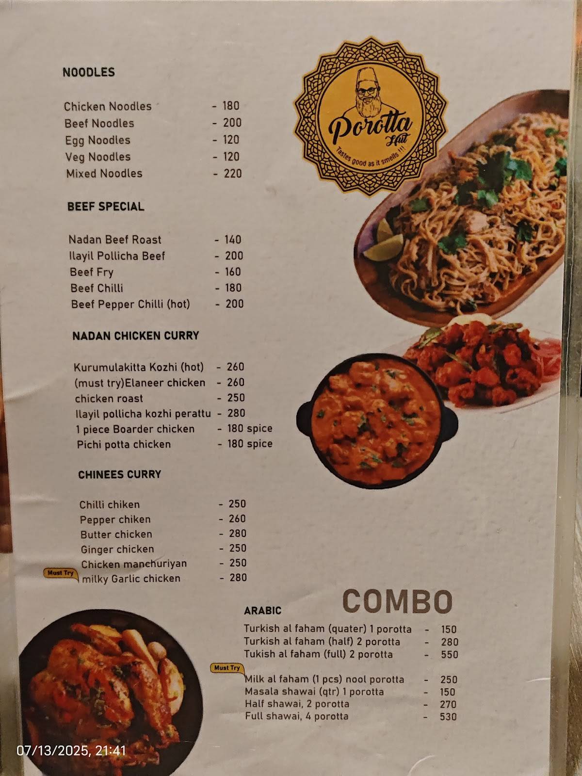 Porotta Hut menu