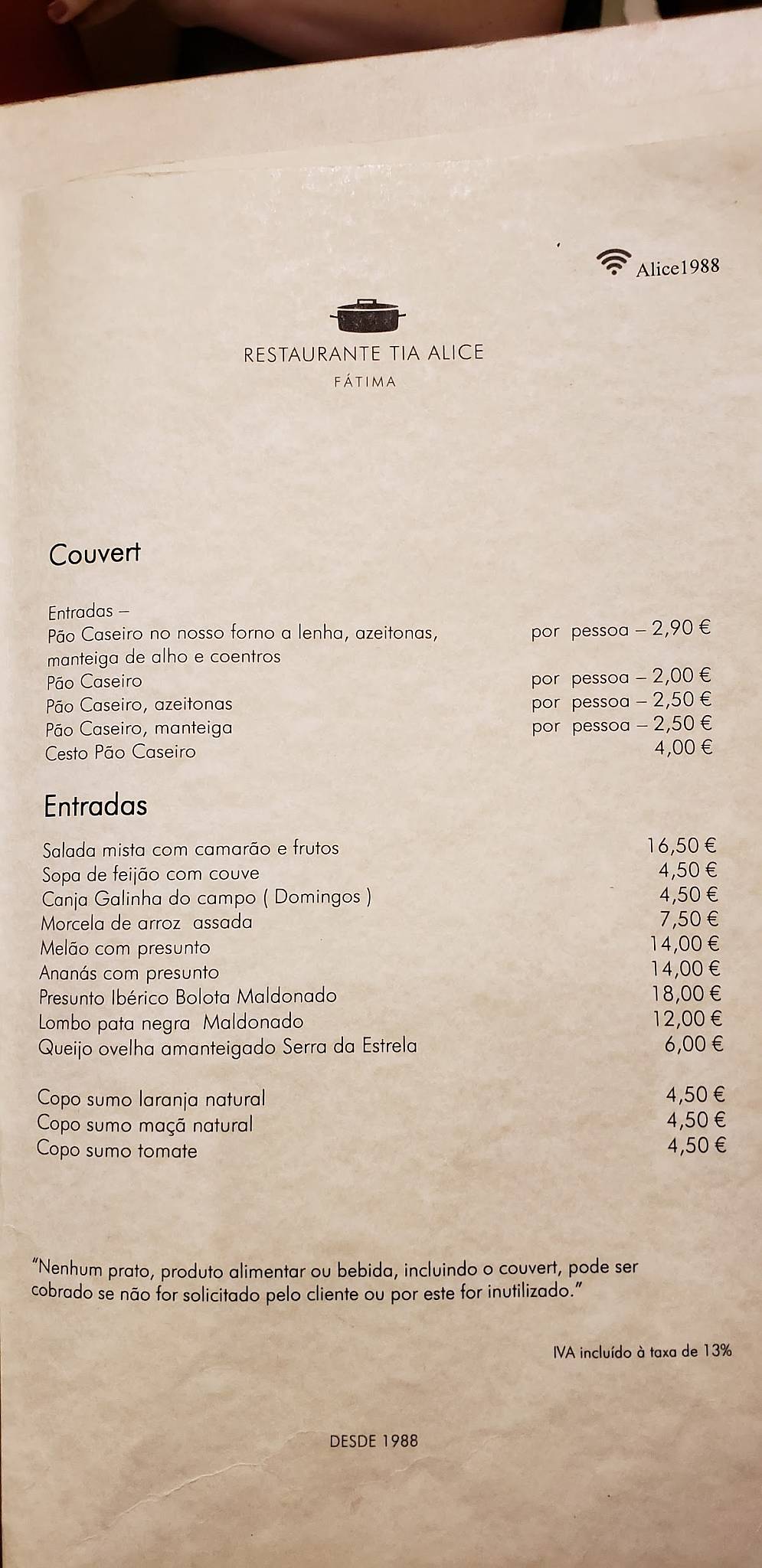 Menu at Restaurante Tia Alice Fátima