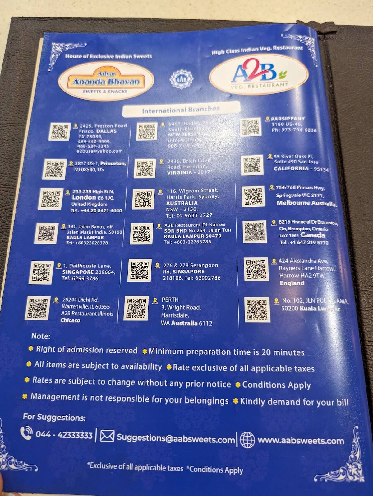 Adyar Ananda Bhavan - A2B menu