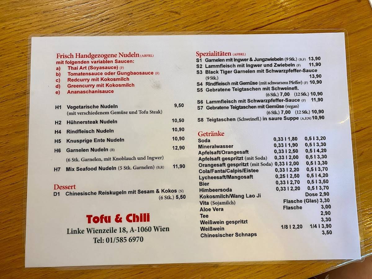 Speisekarte von Tofu und Chili restaurant, Wien