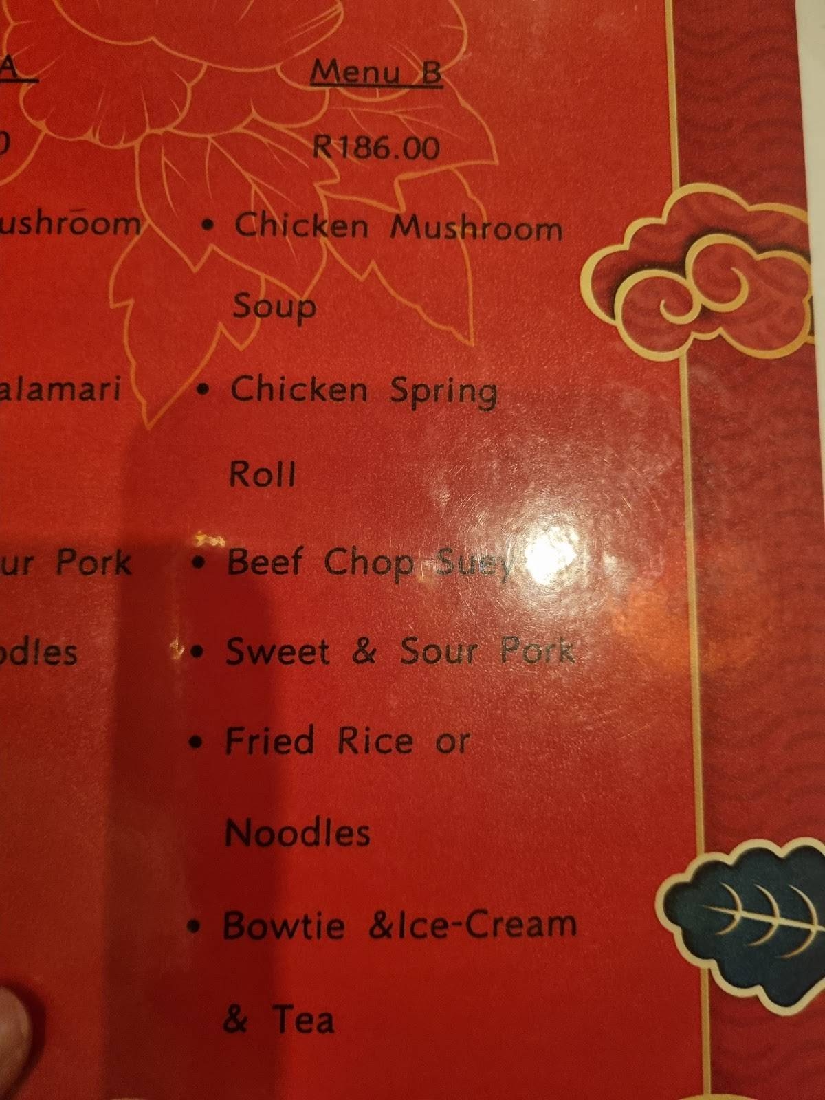 Menu at Tong Lok restaurant, Durban