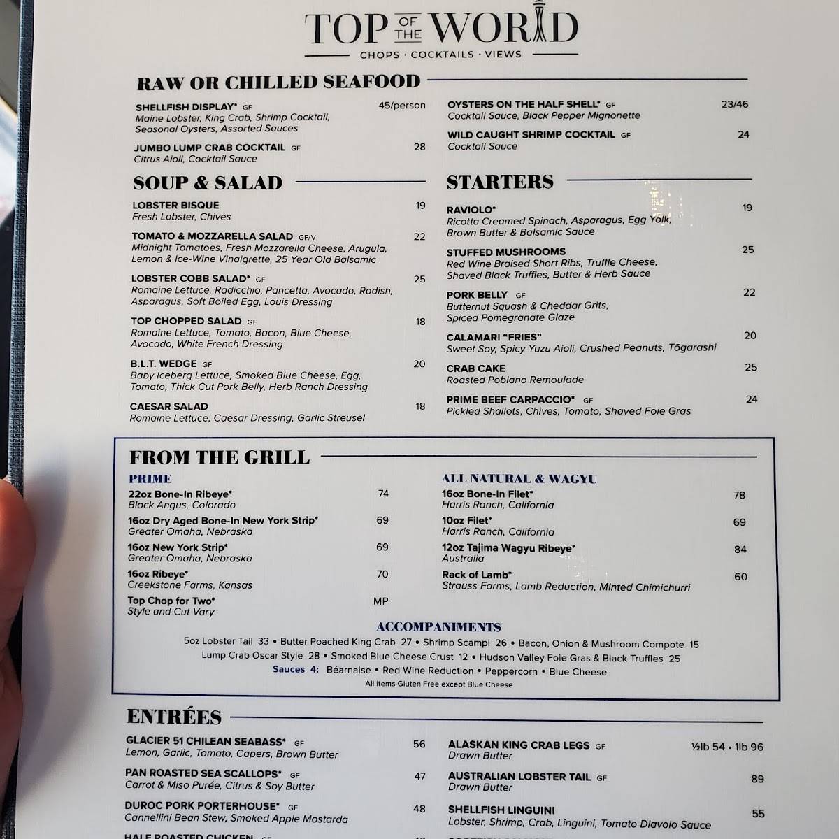 Menu at Top of the World steakhouse, Las Vegas, Las Vegas Blvd S