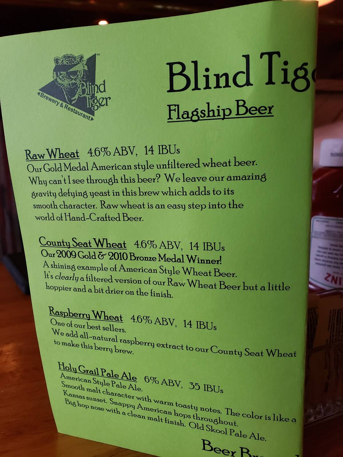 Menu at Blind Tiger Brewery & Restaurant, Topeka