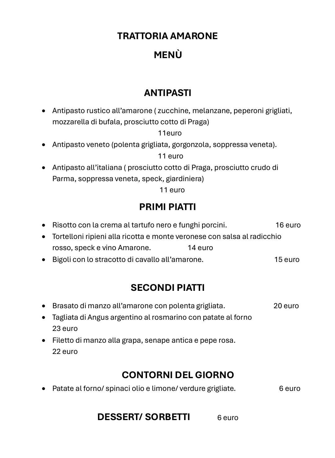 Menu di Trattoria Amarone