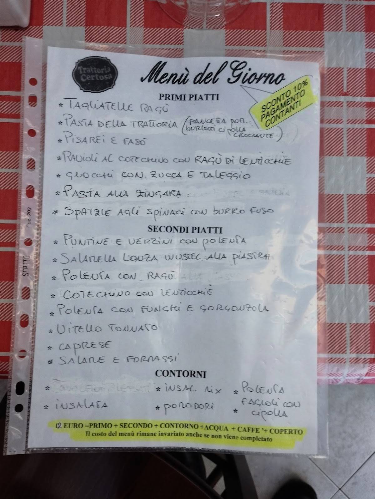Menu di Trattoria Certosa 