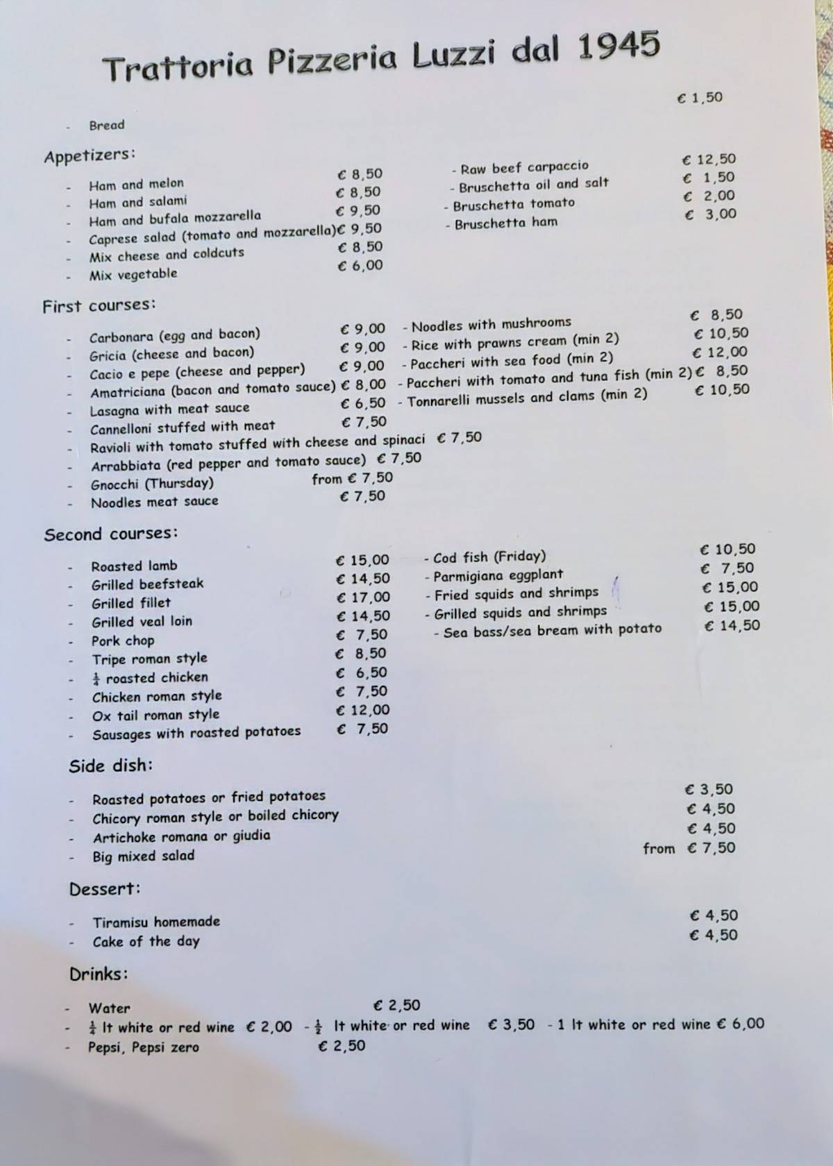Menu de Trattoria Luzzi