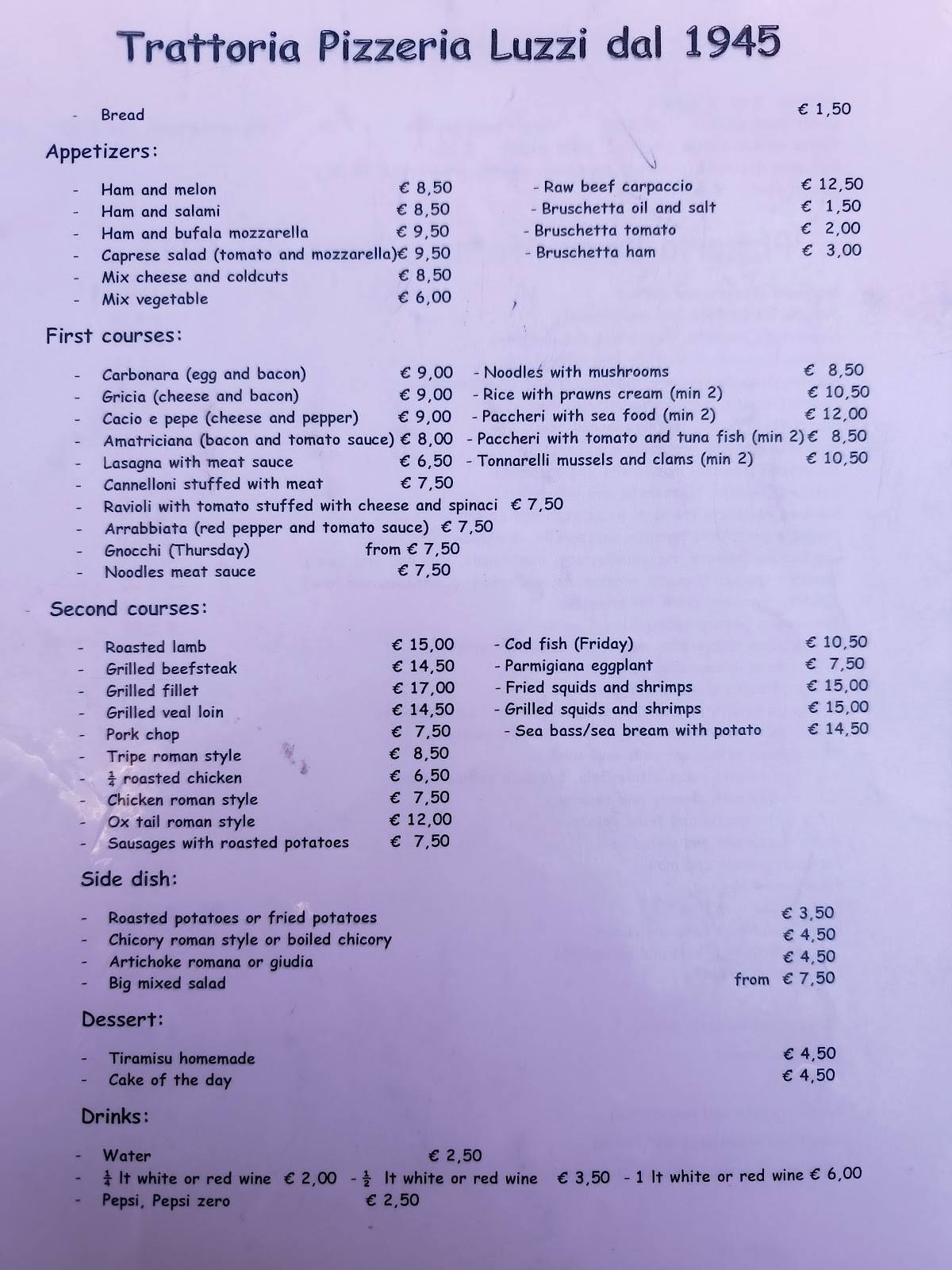Menu de Trattoria Luzzi