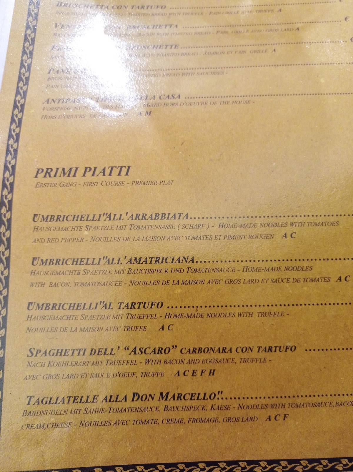 Menu at Trattoria la Palomba restaurant, Orvieto