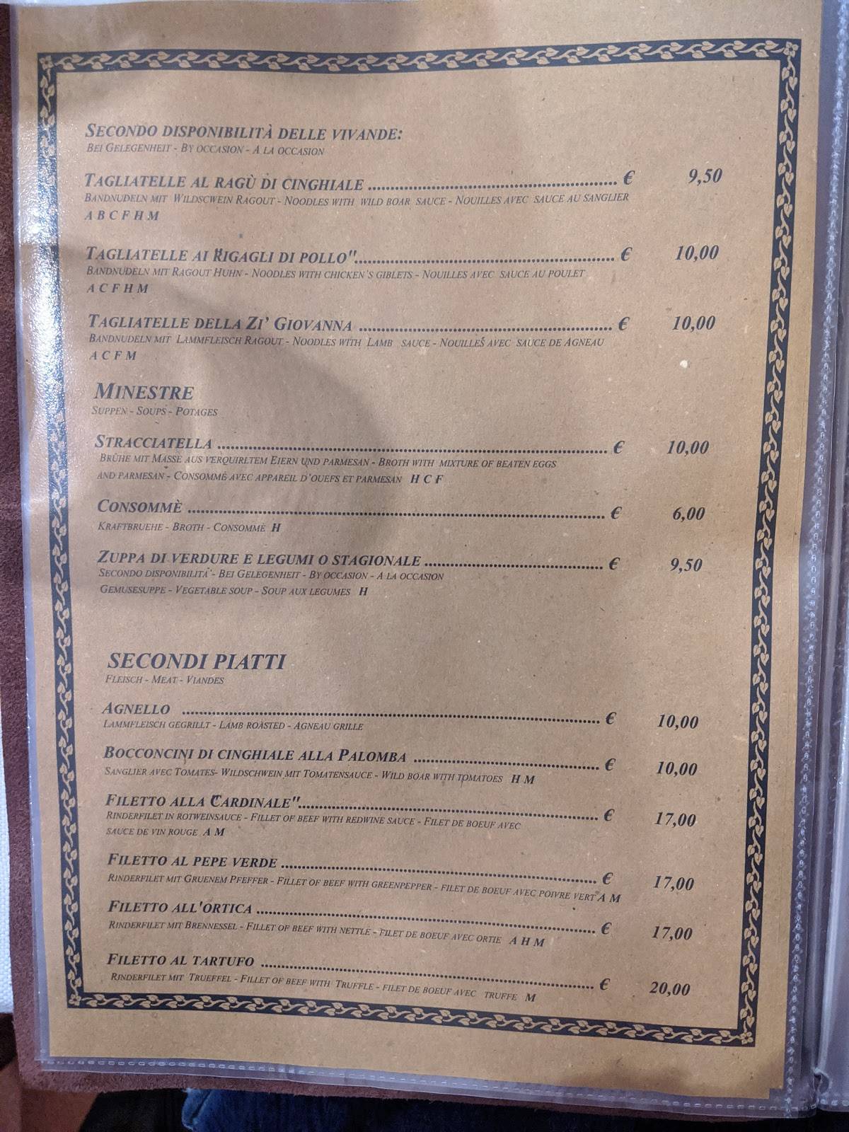 Menu at Trattoria la Palomba restaurant, Orvieto