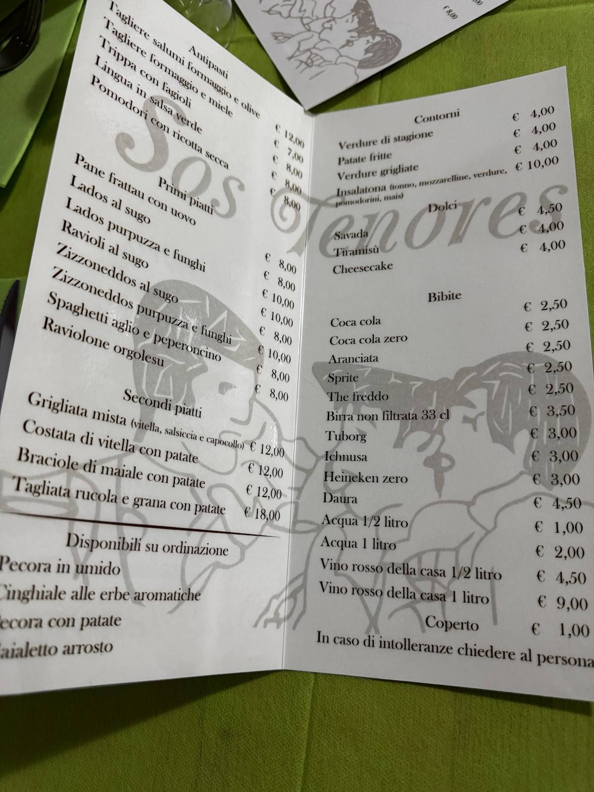 Menu di Trattoria-pizzeria SOS Tenores 