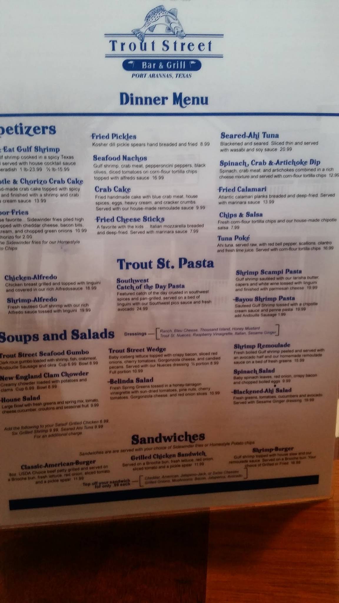 Menu at Trout Street Bar & Grill, Port Aransas