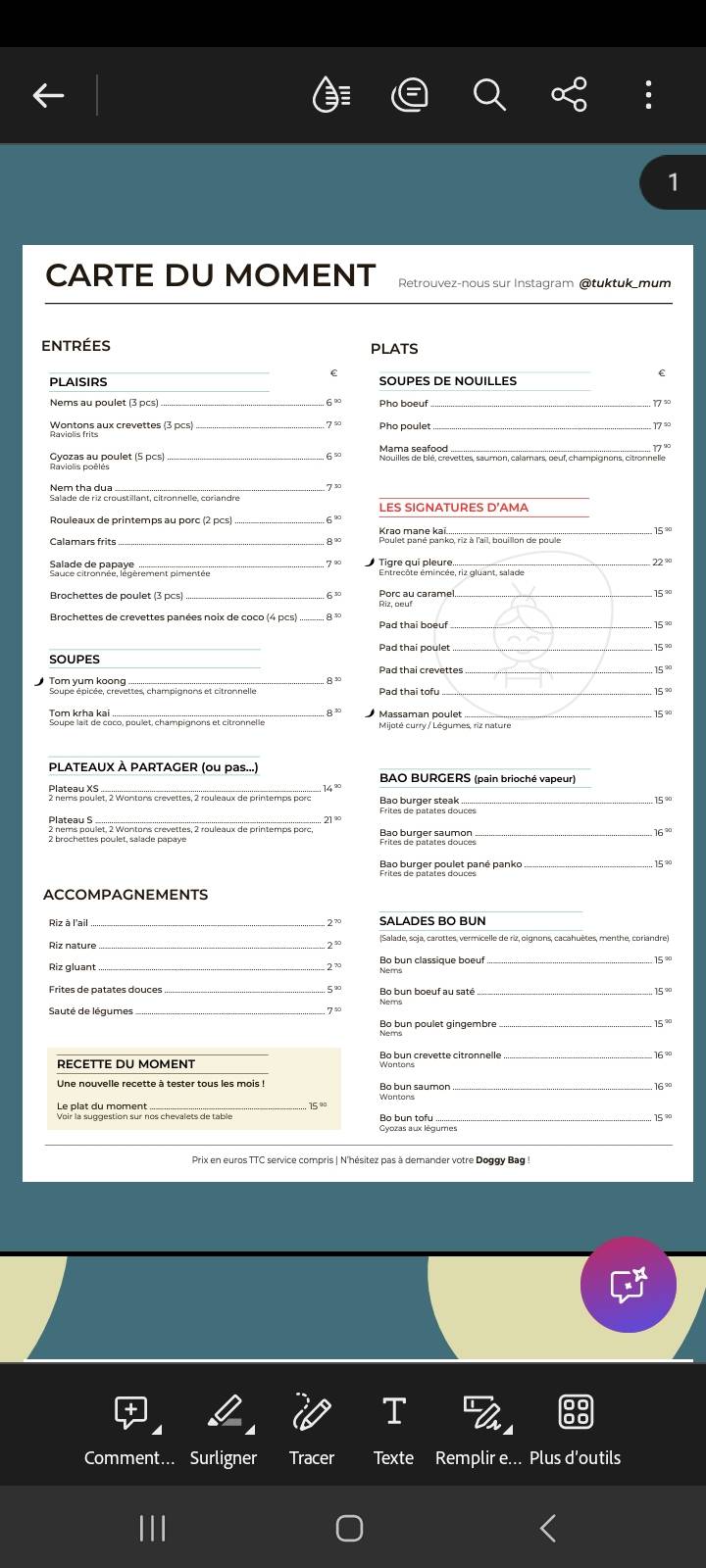 Menu de Tuk Tuk Mum