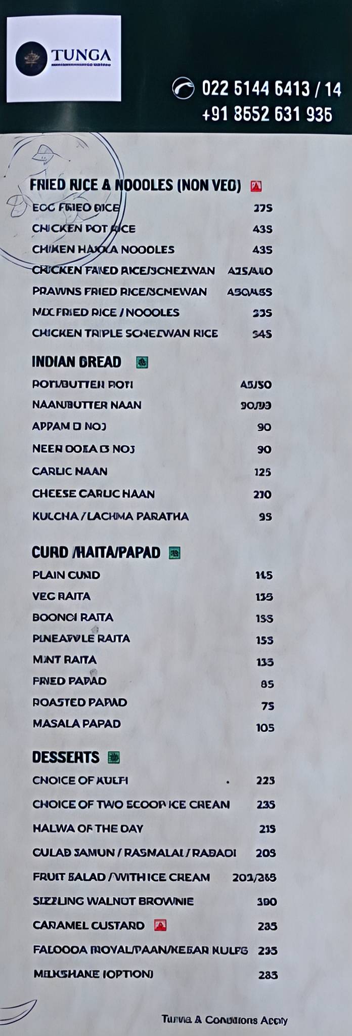Tunga Kitchen & Bar Restaurant menu