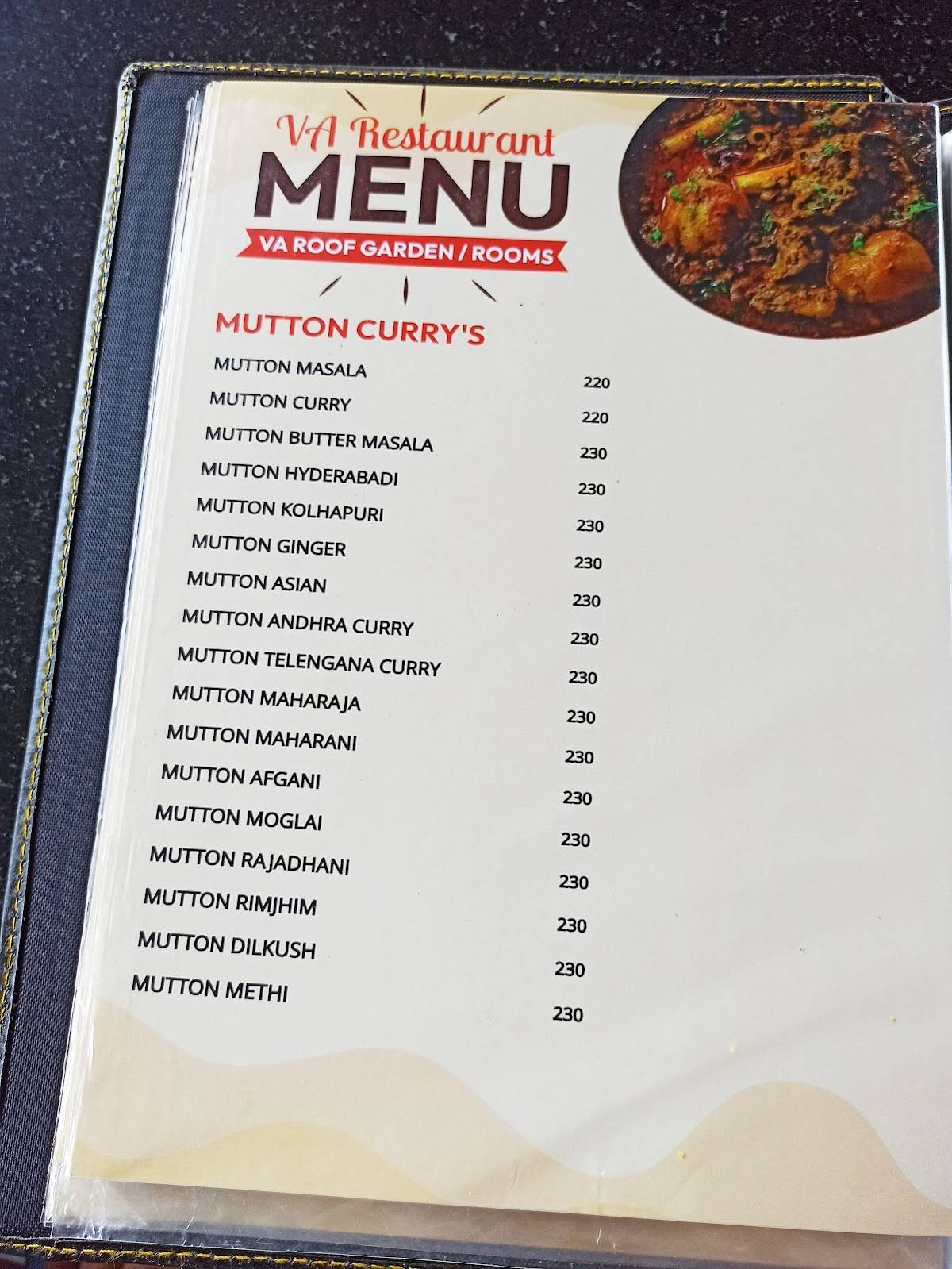 V A Bar & Restaurant menu