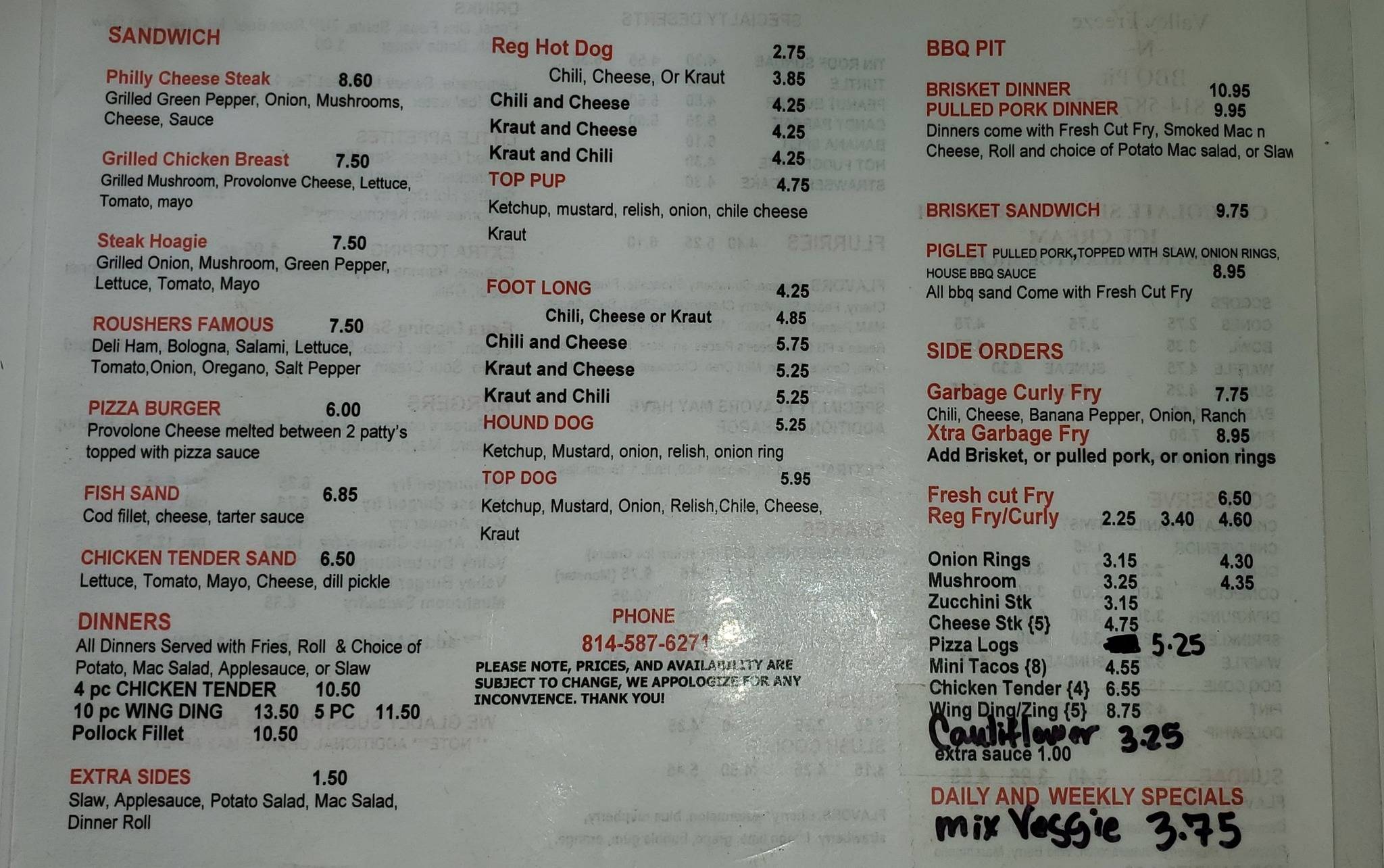 Menu at Valley Freeze, Conneautville
