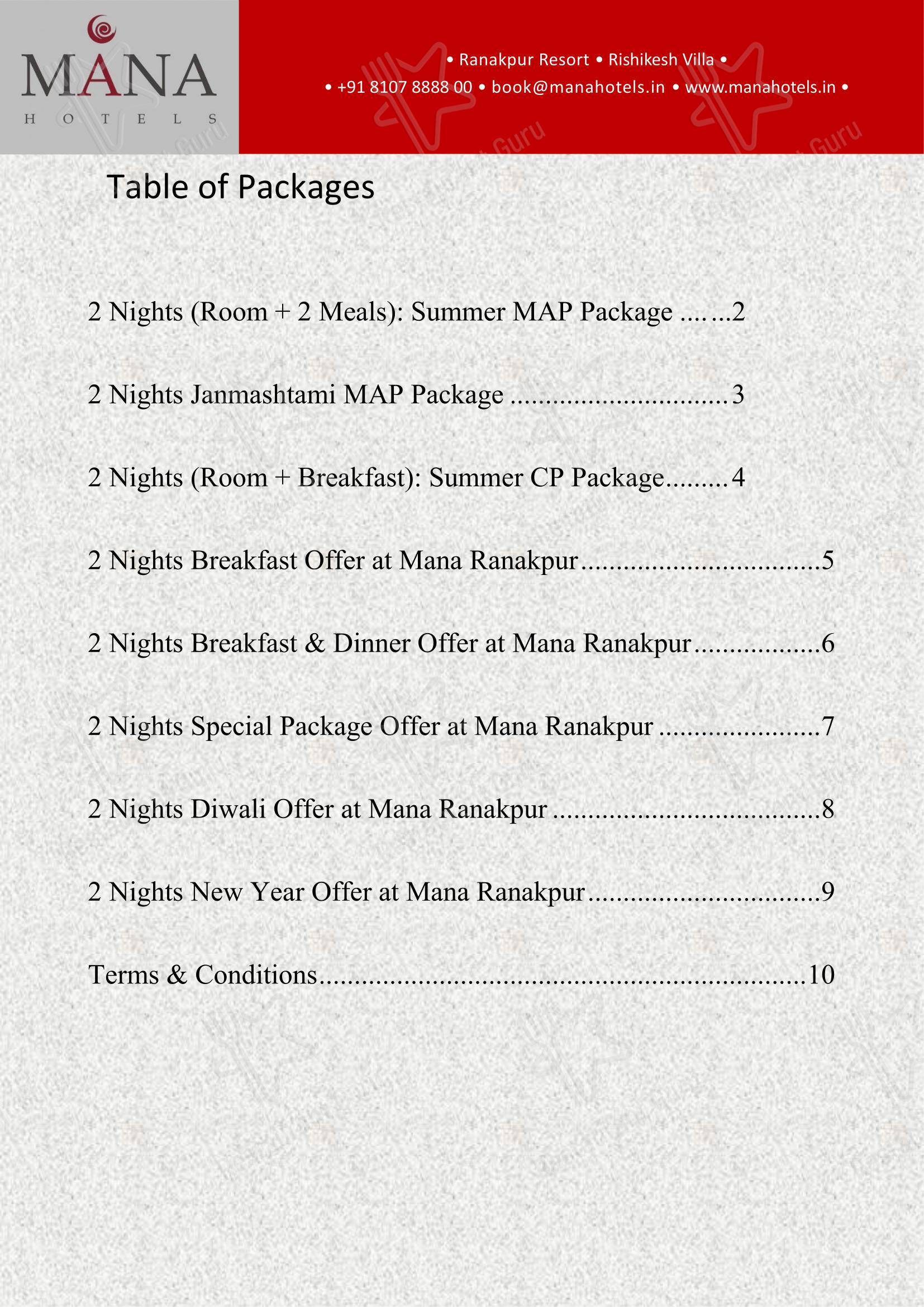 Menu for the Vari Ranakpur restaurant