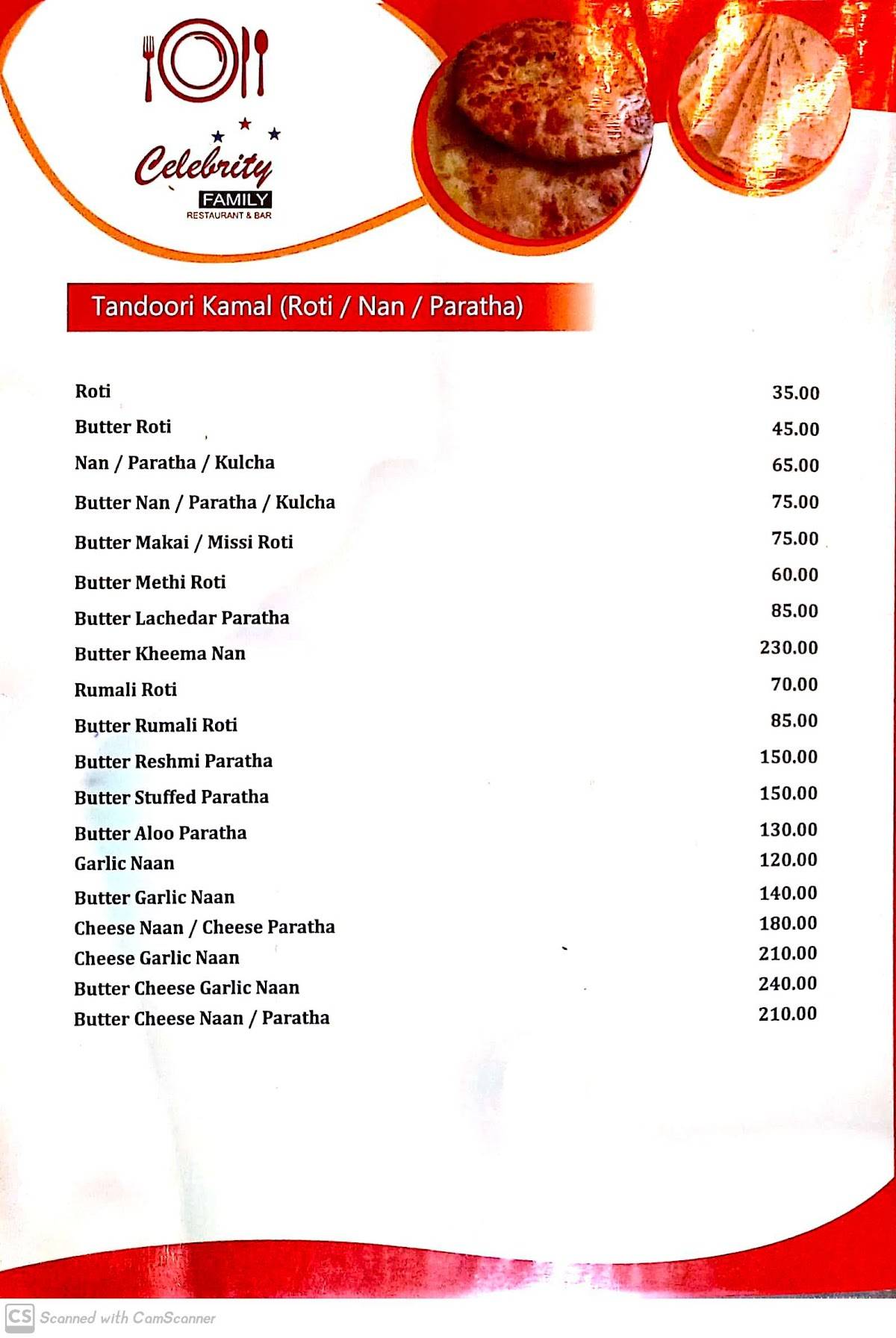 Hotel Celebrity menu