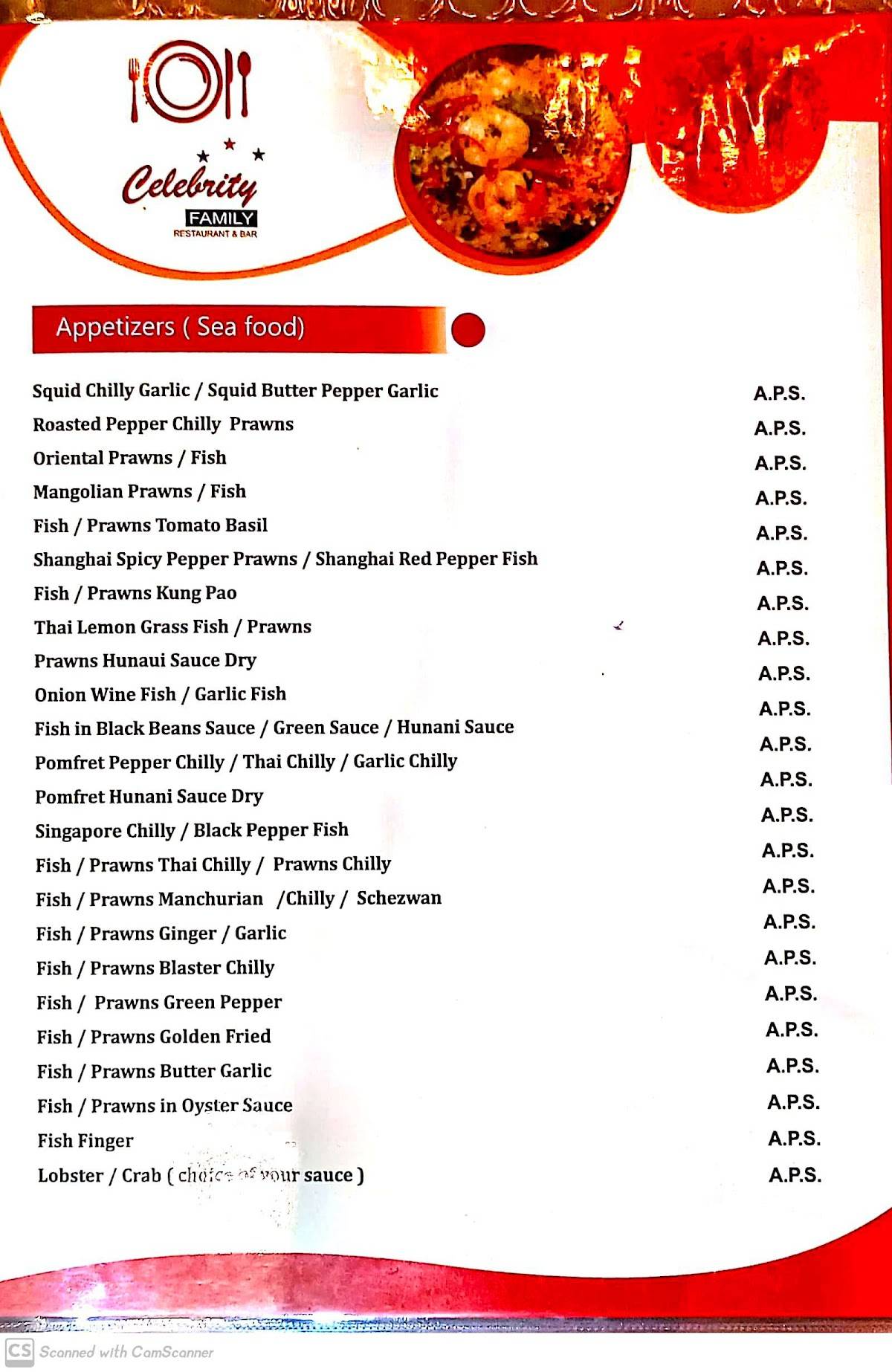Hotel Celebrity menu