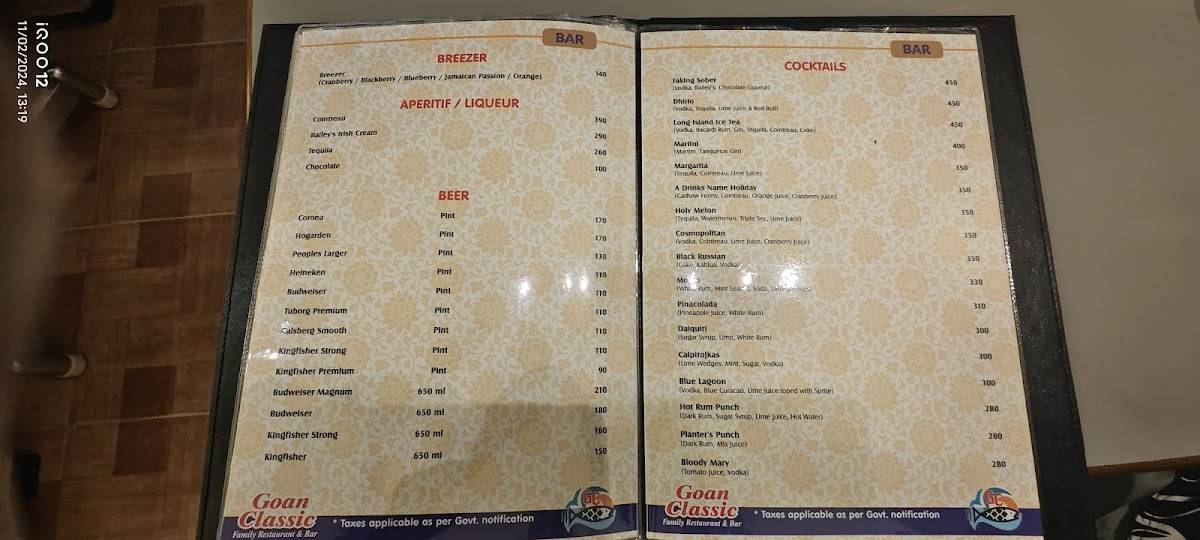 Goan Classic Family Restaurant and Bar menu