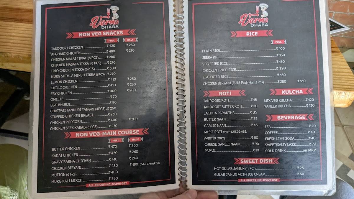 Verma Dhaba menu