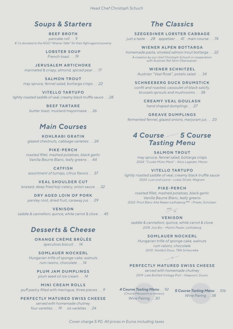 Menu de Vestibül Restaurant im Burgtheater