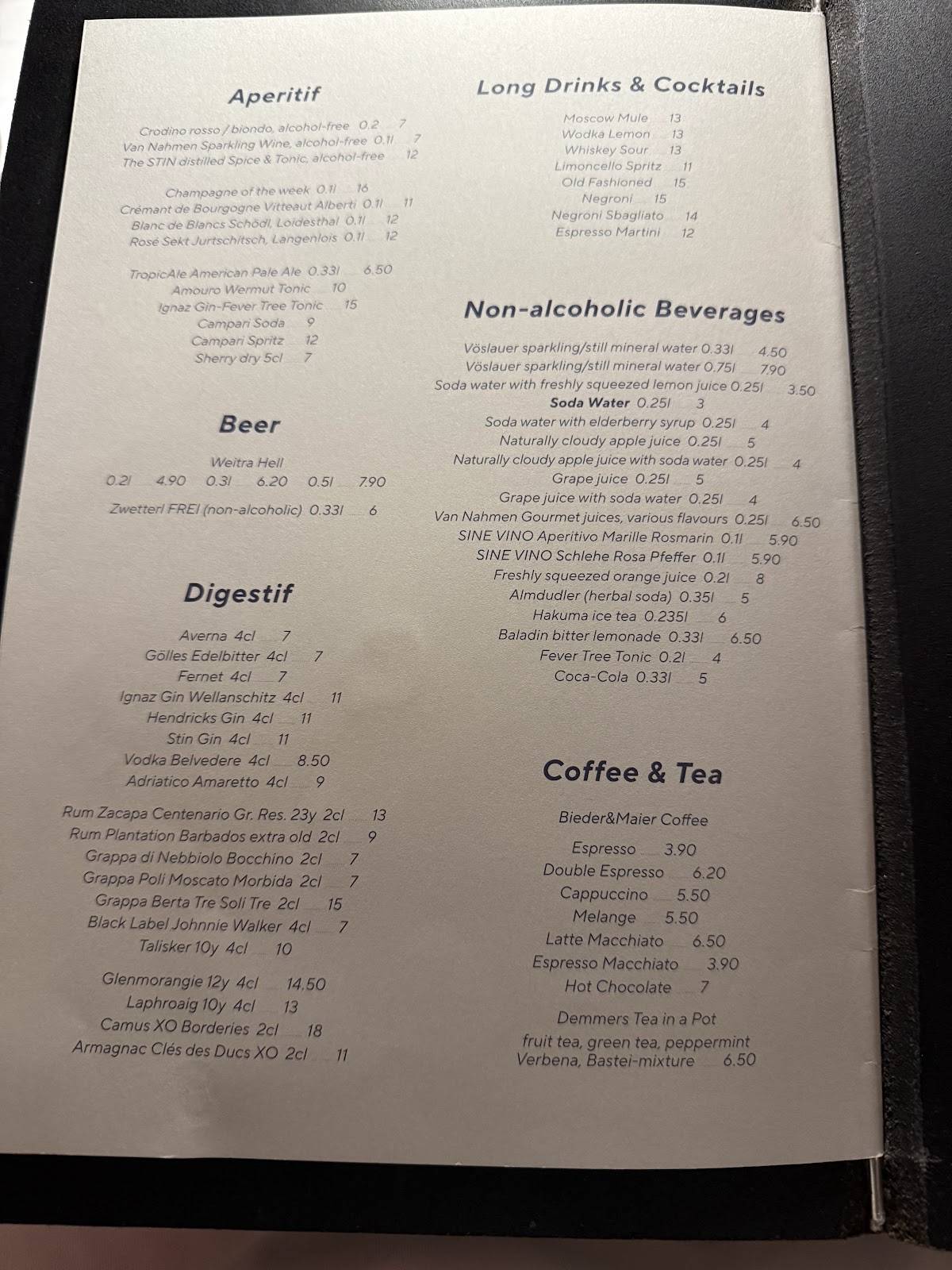 Menu de Vestibül Restaurant im Burgtheater