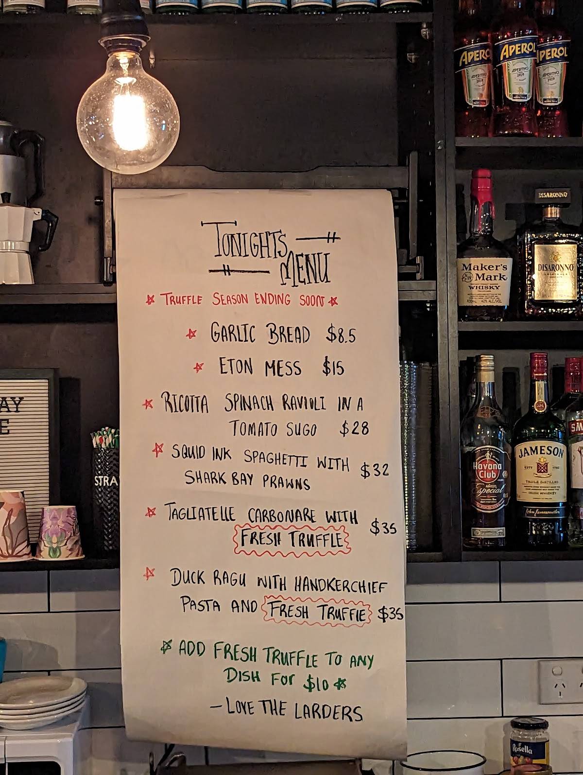 Menu at Vic Park Larder cafe, Victoria Park