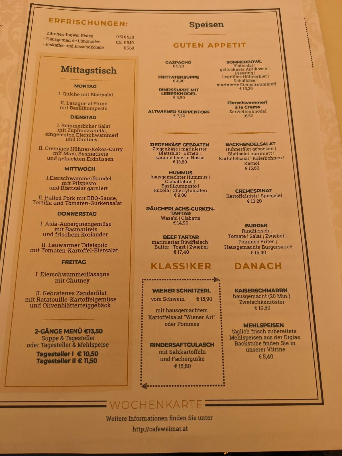 Menu at Café Weimar cafe, Vienna, Währinger Str. 68
