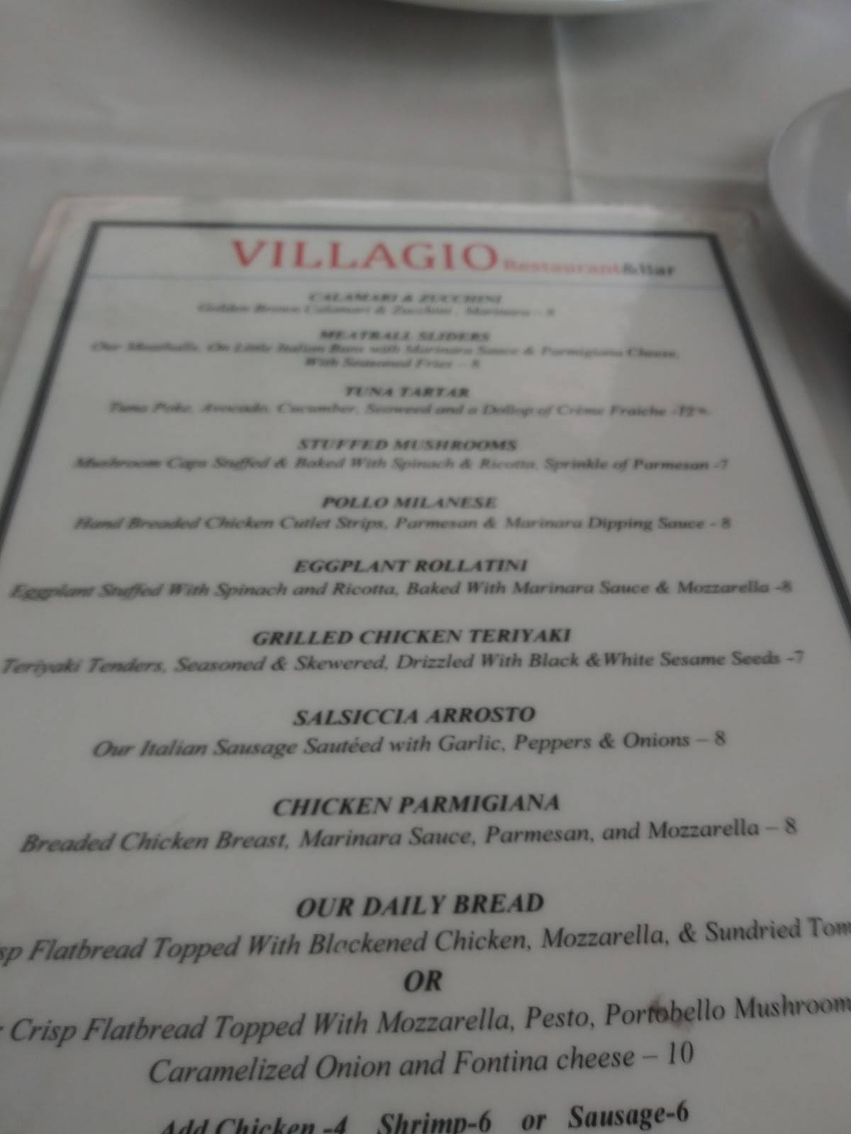 Menu at Villagio restaurant, Boca Raton