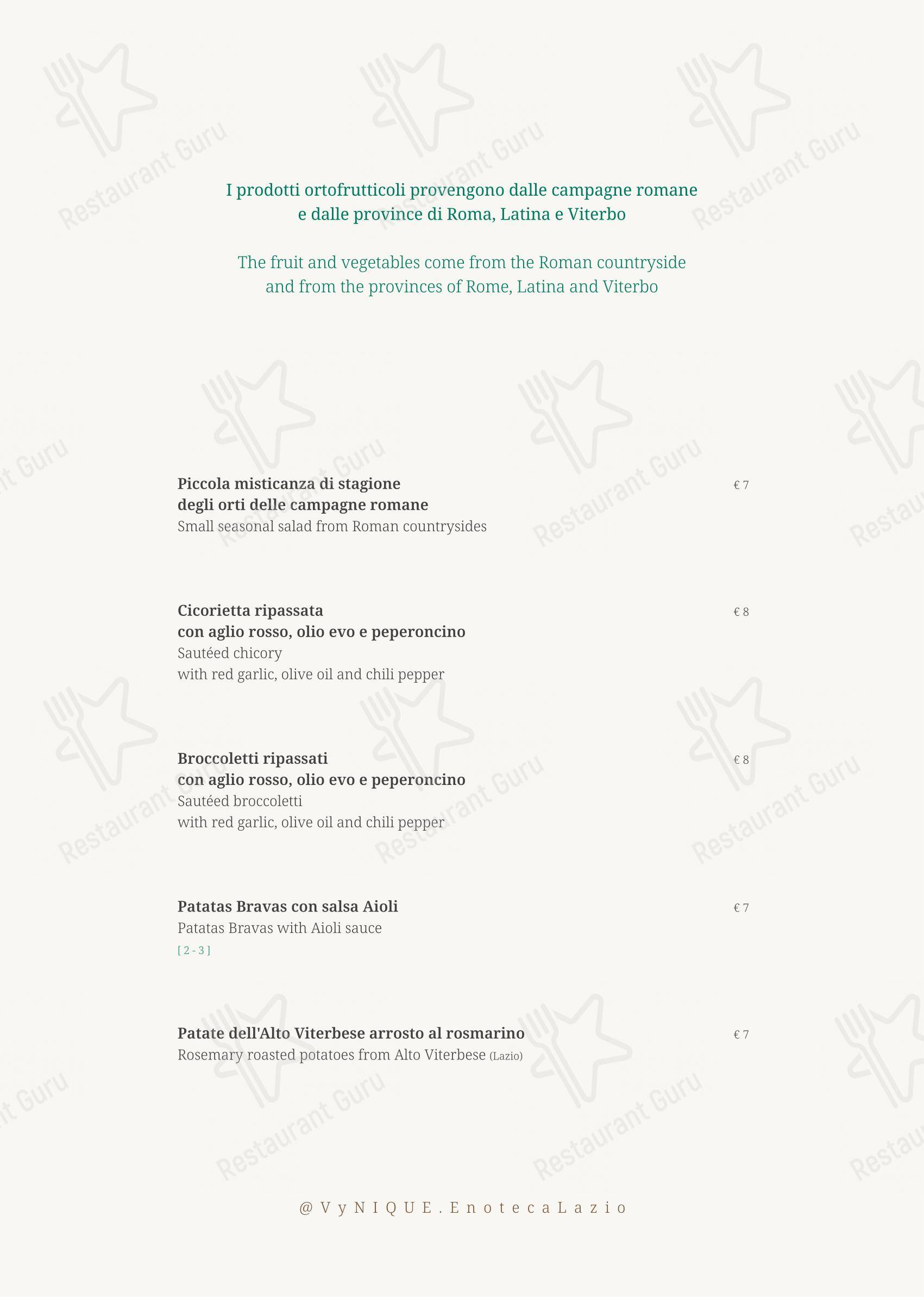 VyNIQUE Enoteca Regionale del Lazio in Roma - Menu